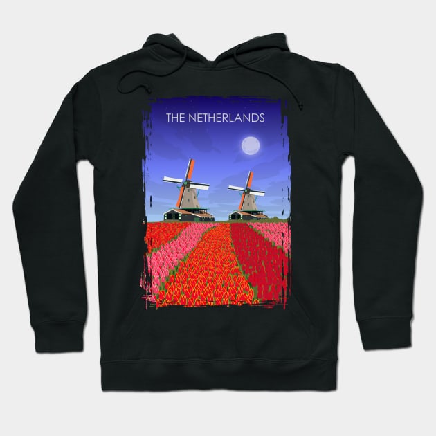 The Netherlands Vintage Minimal Retro Windmills Tulips Travel Poster Hoodie by jornvanhezik